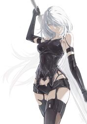  a2_(nier:automata) absurdres armband armor armpits bare_shoulders black_thighhighs bodysuit breasts clothing_cutout covered_navel cowboy_shot crotch detached_sleeves female groin hair_flowing_over hair_over_one_eye highres holding holding_sword holding_weapon joihon latex long_hair medium_breasts mole mole_under_mouth nier:automata nier_(series) out_of_frame panties signature simple_background skin_tight solo standing string_panties sword thighhighs thighs underwear weapon white_background white_hair 