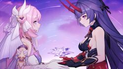  2girls bare_shoulders black_dress breasts chinese_commentary cleavage crystal_flower detached_sleeves dress elysia_(herrscher_of_human:_ego)_(honkai_impact) elysia_(honkai_impact) gloves hair_between_eyes highres honkai_(series) honkai_impact_3rd horns long_hair looking_at_another multiple_girls orsat pink_hair purple_eyes purple_hair raiden_mei raiden_mei_(herrscher_of_thunder) red_horns shirt sideboob sky star_(sky) starry_sky upper_body very_long_hair white_gloves white_shirt white_veil 