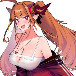  ahoge bare_shoulders blonde_hair blush breasts bright_pupils cleavage commentary dismassd dragon_girl dragon_horns dragon_tail female hair_intakes highres hololive horns jacket jewelry kiryu_coco kiryu_coco_(loungewear) large_breasts long_hair looking_at_viewer multicolored_hair necklace oerba_yun_fang off_shoulder official_alternate_costume official_alternate_hairstyle open_mouth orange_hair pointy_ears purple_eyes red_jacket skin_fang slit_pupils smile solo streaked_hair tail twintails upper_body virtual_youtuber white_pupils 