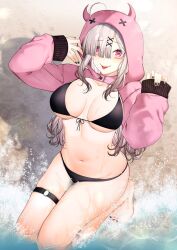  ahoge beach bikini black_bikini black_nails blush breasts cleavage collarbone eyes_visible_through_hair female gomo grey_hair hair_ornament hair_over_one_eye highres large_breasts leg_belt long_hair looking_at_viewer mole mole_under_eye nail_polish navel nijisanji open_mouth purple_eyes smile solo stomach sukoya_kana swimsuit toenail_polish toenails tongue tongue_out virtual_youtuber x x_hair_ornament 