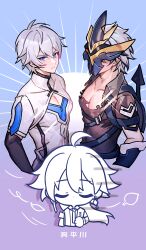  3boys black_shirt blue_eyes chibi cleavage_cutout clothing_cutout earrings highres honkai_(series) honkai_impact_3rd jewelry kalpas_(honkai_impact) kevin_kaslana large_pectorals long_hair mask mask_on_head multiple_boys orsat pectoral_cleavage pectorals shirt short_hair su_(honkai_impact) two-tone_background white_hair white_shirt 