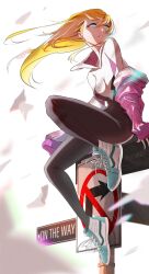  absurdres artist_name blonde_hair blue_eyes blurry breasts depth_of_field female floating_hair gwen_stacy hair_flowing_over highres hood hoodie jacket joihon long_hair marvel medium_breasts pink_jacket signpost sitting skin_tight spider-gwen spider-man spider-man:_across_the_spider-verse spider-man:_into_the_spider-verse spider-man_(series) spider-verse thighs traffic_light white_footwear 