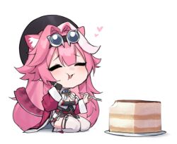  animal_ear_fluff animal_ears blush breasts cake chibi cleavage closed_eyes commentary dasdokter eating english_commentary female food goggles hat hololive hololive_english long_hair multicolored_hair open_mouth panther_ears panther_girl panther_tail pink_hair raora_panthera smile solo streaked_hair tiramisu virtual_youtuber 