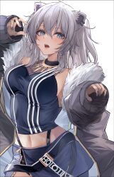  ahoge animal_ear_piercing animal_ears arm_up asaikeu black_jacket black_shirt blush breasts commentary female fingernails fur-trimmed_jacket fur_trim grey_eyes grey_hair grey_nails grey_skirt highres hololive jacket large_breasts lion_ears lion_girl long_hair long_sleeves looking_at_viewer midriff miniskirt nail_polish navel open_mouth puffy_long_sleeves puffy_sleeves shirt shishiro_botan shishiro_botan_(1st_costume) simple_background skirt sleeveless sleeveless_shirt sleeves_past_wrists solo two_side_up upper_body virtual_youtuber white_background 