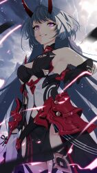  bare_shoulders black_choker black_gloves breasts choker cleavage clothing_request cloud cloudy_sky commentary cowboy_shot electricity female from_below gauntlets gloves grin hair_intakes highres honkai_(series) honkai_impact_3rd horns large_breasts lightning long_hair looking_ahead outdoors parted_lips pelvic_curtain purple_eyes purple_hair raiden_mei raiden_mei_(herrscher_of_thunder) red_horns red_pupils sculp2 sidelocks single_gauntlet sky smile solo standing teeth very_long_hair 