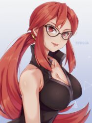  artist_name black-framed_eyewear breasts cleavage closed_mouth collarbone commentary eyelashes female glasses gradient_background highres long_hair lorelei_(pokemon) pokemon pokemon_frlg ponytail red_eyes red_hair shirt sidelocks sleeveless sleeveless_shirt smile solo symoca upper_body 