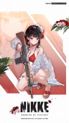  bare_shoulders battle_rifle bikini black_hair bracelet breasts brown_eyes choker closed_mouth commentary copyright_name english_commentary eyewear_on_head feet female flower goddess_of_victory:_nikke gun hair_flower hair_ornament highres holding holding_gun holding_weapon howa_type_64 jewelry official_alternate_costume official_art on_one_knee pink_flower red_bikini red_choker red_flower rifle sakura_(bloom_in_summer)_(nikke) sakura_(nikke) sandals solo squatting sunglasses swimsuit thighs weapon zoom_layer 