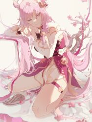  absurdres bare_legs bell braid breasts cherry_blossoms comb dress elf elysia_(herrscher_of_human:_ego)_(honkai_impact) elysia_(honkai_impact) elysia_(peachy_spring)_(honkai_impact) falling_petals female flower hair_bell hair_between_eyes hair_bun hair_flower hair_ornament highres honkai_(series) honkai_impact_3rd long_hair long_sleeves petals pink_hair pointy_ears puffy_long_sleeves puffy_sleeves purple_eyes red_dress seiza single_braid single_hair_bun sitting thigh_strap tripleefish very_long_hair 