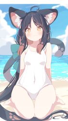  ahoge animal_ear_fluff animal_ears bare_arms bare_legs bare_shoulders barefoot beach black_hair blue_sky blush bow breasts brown_eyes brown_hair cat_ears cat_girl cat_tail closed_mouth cloud commentary covered_navel daidai_ookami day female green_bow hairbow highres horizon long_hair looking_at_viewer multicolored_hair ocean original outdoors outline sand sitting sky small_breasts smile solo tail two-tone_hair very_long_hair wariza white_outline 