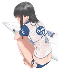  arms_on_knees barefoot bikini blue_bikini blue_eyes blue_shirt blush breasts butt_crack clothes_writing crossed_arms facing_away female from_behind full_body hair_over_shoulder halterneck highres knees_up long_hair looking_ahead loose_hair_strand original print_shirt raglan_sleeves raised_eyebrows rash_guard retsumaru see-through see-through_shirt shirt side-tie_bikini_bottom sidelocks simple_background small_breasts solo squatting string_bikini surfboard swimsuit toes two-tone_shirt white_background white_shirt 