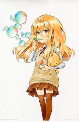  absurdres ahoge blonde_hair blowing_bubbles breasts brown_eyes brown_skirt brown_thighhighs bubble collared_shirt female fujioka-kuma_(minami-ke) highres holding huge_ahoge jitome long_hair long_sleeves marker_(medium) minami-ke minami_chiaki official_art pleated_skirt red_ribbon ribbon sakuraba_koharu school_uniform shirt skirt small_breasts soap_bubbles solo stuffed_animal stuffed_toy sweater_vest teddy_bear thighhighs traditional_media white_shirt 