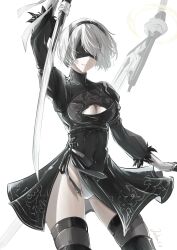  2b_(nier:automata) absurdres android armband arms_up black_dress black_thighhighs breasts cleavage cleavage_cutout clothing_cutout covered_eyes covered_navel cowboy_shot crotch dress feather-trimmed_sleeves feet_out_of_frame female floating_clothes gloves groin hair_flowing_over hair_over_one_eye headband highres hip_bones holding holding_sword holding_weapon joihon leotard medium_breasts mole mole_under_mouth narrow_waist nier:automata nier_(series) open_mouth out_of_frame panties pantyshot short_hair signature simple_background skin_tight skinny solo standing sword thighhighs thighs underwear weapon white_background white_gloves white_leotard 