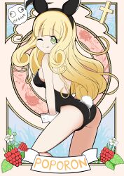  absurdres animal_ears ass black_leotard blonde_hair breasts character_name closed_mouth cross fake_animal_ears fake_tail female food fruit green_eyes hidrokaresou69 highres jashin-chan_dropkick large_breasts leotard long_hair looking_at_viewer one_eye_closed playboy_bunny poporon_(jashin-chan_dropkick) rabbit_ears rabbit_tail raspberry smile solo tail tongue tongue_out wrist_cuffs 