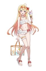  :d ahoge alternate_costume anklet bag bead_anklet beamed_eighth_notes bikini blonde_hair bow bridal_garter center-flap_bangs commentary double-parted_bangs eighth_note eyewear_on_head female flower footwear_bow frilled_bikini frills full_body hair_flower hair_ornament halterneck highleg highleg_bikini highres holding holding_bag holding_ice_cream_cone hololive hololive_dev_is ice_cream_cone jewelry knees_together_feet_apart layered_bikini looking_at_viewer musical_note musical_note_hair_ornament navel necklace one_side_up orange-tinted_eyewear orange_bikini otonose_kanade red_bow red_eyes round_eyewear sandals shell shell_necklace sidelocks simple_background smile solo standing stomach swimsuit symbol-only_commentary tachi-e teeth tinted_eyewear transparent_bag upper_teeth_only virtual_youtuber waist_bow white_background white_bikini yoshidadon 