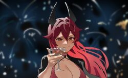  black_coat coat coat_on_shoulders dress female fireworks goddess_of_victory:_nikke highres horns mechanical_horns movie_reference official_alternate_costume red_dress red_hair red_hood_(nikke) solo the_great_gatsby toasting_(gesture) upper_body wge yellow_eyes 