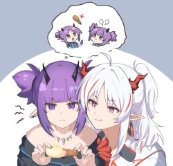  2girls :t arknights black_shirt blunt_bangs chicken_(food) food fried_chicken half_updo hibiscus_(arknights) highres holding holding_food horns lava_(arknights) mabing medium_hair multiple_girls nian_(arknights) off-shoulder_shirt off_shoulder pointy_ears puff_of_air purple_eyes purple_hair shirt short_hair sidelocks twintails white_hair 