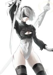  2b_(nier:automata) absurdres android armband arms_up black_thighhighs breasts cleavage cleavage_cutout clothing_cutout covered_eyes covered_navel cowboy_shot crotch feather-trimmed_sleeves feet_out_of_frame female gloves groin hair_flowing_over hair_over_one_eye headband highres hip_bones holding holding_sword holding_weapon joihon leotard medium_breasts mole mole_under_mouth narrow_waist nier:automata nier_(series) open_mouth out_of_frame short_hair signature simple_background skin_tight skinny solo standing sword thighhighs thighs weapon white_background white_gloves white_leotard 