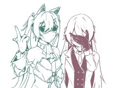  2girls animal_ears ascot bare_shoulders covering_own_eyes detached_sleeves fake_animal_ears fei_xun_jia_jia_yu floating_hair_ornament hair_between_eyes headphones idol karenina_(punishing:_gray_raven) long_hair mask meme_request middle_finger mouth_mask multiple_girls necktie punishing:_gray_raven straight_hair stuffed_animal stuffed_cat stuffed_toy sunglasses teddy_(punishing:_gray_raven) twintails 