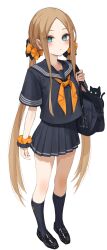  abigail_williams_(fate) absurdres bag black_bow black_footwear black_sailor_collar black_shirt black_skirt black_socks blonde_hair blue_eyes blush bow breasts fate/grand_order fate_(series) feline female forehead full_body hairbow highres kopaka_(karda_nui) loafers long_hair looking_at_viewer neckerchief orange_bow parted_bangs pleated_skirt sailor_collar school_bag shirt shoes short_sleeves sidelocks skirt small_breasts socks solo twintails yellow_neckerchief 