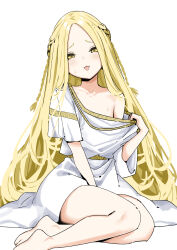  1boy :p barefoot blonde_hair blush braid commentary dress elden_ring highres long_hair looking_at_viewer male_focus miquella_(elden_ring) off_shoulder otoko_no_ko short_sleeves side_braids simple_background sky-freedom solo sweat tongue tongue_out very_long_hair white_background white_dress yellow_eyes 