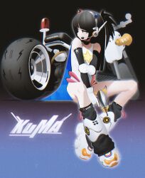  absurdres bare_shoulders black_hair blue_eyes blunt_bangs boots closed_mouth detached_sleeves energy_gun female gloves gun headphones headset heterochromia highres holding holding_gun holding_weapon honda leotard long_hair motor_vehicle motorcycle original ray_gun red_eyes simple_background sitting solo star_(symbol) waterkuma weapon white_footwear white_gloves white_leotard 