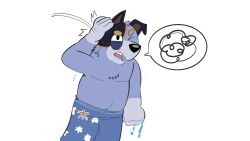  2023 anthro australia australian_cattle_dog beargarbage black_eyes black_nose blue_body blue_ears blue_fur bluey_(series) canid canine canis cattledog digital_media_(artwork) domestic_dog fur hand_on_head hand_on_own_head herding_dog hi_res male mammal motion_lines multicolored_body multicolored_fur one_ear_up one_eye_closed one_eye_half-closed pastoral_dog simple_background solo speech_bubble standing stripe_heeler teeth tongue towel towel_around_waist two_tone_body two_tone_fur wet white_background 