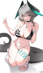  absurdres alternate_costume aqua_eyes aqua_wings arknights bikini black_bikini black_choker black_wings blush breasts choker cleavage commentary_request female gradient_wings grey_hair hair_between_eyes hair_intakes head_wings highres ho&#039;olheyak_(arknights) infection_monitor_(arknights) jewelry large_breasts looking_at_viewer multicolored_bikini multicolored_clothes multicolored_wings navel necklace short_hair signature snake_tail solo squatting stomach sviggum swimsuit tail tongue tongue_out very_long_tail white_bikini white_footwear wings 