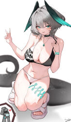  1other absurdres alternate_costume androgynous aqua_eyes aqua_wings arknights bikini black_bikini black_choker black_wings blush breasts choker cleavage commentary_request doctor_(arknights) female gradient_wings grey_hair hair_between_eyes hair_intakes head_wings highres ho&#039;olheyak_(arknights) infection_monitor_(arknights) jewelry large_breasts looking_at_viewer multicolored_bikini multicolored_clothes multicolored_wings navel necklace short_hair signature snake_tail squatting stomach sviggum swimsuit tail tongue tongue_out very_long_tail white_bikini white_footwear wings 