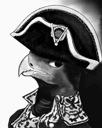  2023 2_horns accipitrid accipitriform anterior_nasal_aperture anthro avian beak bicorn bird clothed clothing digital_media_(artwork) eagle equid equine french hat headgear headwear hi_res history horn leprzil male mammal napoleonic pupils simple_background solo wearing_hat white_sclera 