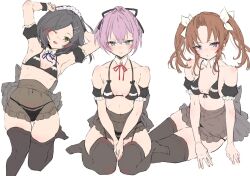  3girls bikini black_bikini black_ribbon black_thighhighs blush breasts brown_hair chigasaki_yukari closed_mouth commentary_request garter_straps green_eyes hair_ornament hair_ribbon hairclip highres kagerou_(kancolle) kantai_collection kuroshio_(kancolle) looking_at_viewer maid_headdress medium_breasts multiple_girls open_mouth parted_lips pink_hair ribbon see-through shiranui_(kancolle) short_hair simple_background sitting small_breasts sweat swimsuit thighhighs twintails white_background white_ribbon 