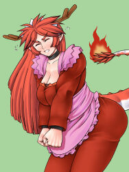  2008 2_horns animal_humanoid antlers apron asian_mythology big_breasts breasts chinese_mythology closed_eyes clothing dragon dragon_humanoid east_asian_mythology eastern_dragon eastern_dragon_humanoid female fire flaming_tail futaba_channel green_background grey_tail hair horn humanoid humanoid_pointy_ears maid_apron maid_headdress maid_uniform mythological_creature mythological_scalie mythology nijiura_maids pink_apron pink_clothing red_clothing red_dragon_(chinese_mythology) red_hair red_tail scalie sekiryuu-san simple_background solo sweatdrop_(iconography) tail two_tone_tail uniform unyah 