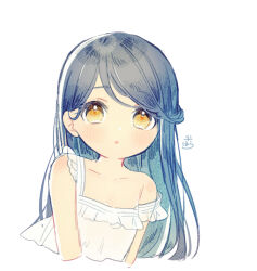  :o bare_shoulders blue_hair blush brown_eyes collarbone cropped_torso dress female honzuki_no_gekokujou long_hair looking_at_viewer myne_(honzuki_no_gekokujou) parted_lips rinndouk simple_background sleeveless sleeveless_dress solo strap_slip swept_bangs upper_body white_background white_dress 