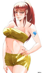  absurdres bandeau bare_shoulders blush breasts cleavage collarbone cowboy_shot ear_piercing earrings erza_scarlet fairy_tail female hand_on_own_hip highres jewelry jobin_chan large_breasts long_hair looking_at_viewer midriff nail_polish navel navel_piercing piercing ponytail red_eyes red_hair red_nails short_shorts shorts simple_background smile solo standing strapless tattoo thighs white_background yellow_shorts 