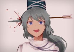  arrow_(projectile) blood blue_eyes commentary_request female grey_hair hat highres long_hair looking_at_viewer mononobe_no_futo moriya210 object_through_head open_mouth ponytail simple_background solo tate_eboshi touhou upper_body 