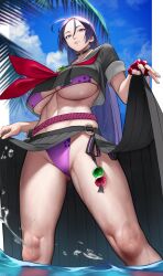  absurdres beads bikini bikini_under_clothes black_sailor_collar black_serafuku black_shirt black_skirt breasts choker clothes_lift crop_top crop_top_overhang fate/grand_order fate_(series) female fingerless_gloves gloves highres large_breasts long_hair long_skirt low-tied_long_hair minamoto_no_raikou_(fate) minamoto_no_raikou_(swimsuit_lancer)_(fate) minamoto_no_raikou_(swimsuit_lancer)_(second_ascension)_(fate) navel neckerchief parted_bangs pleated_skirt purple_bikini purple_eyes purple_hair red_gloves red_neckerchief revision rope sailor_collar school_uniform serafuku shirt short_sleeves skirt skirt_lift solo swimsuit thighs underboob very_long_hair wading water yoshio_(55level) 