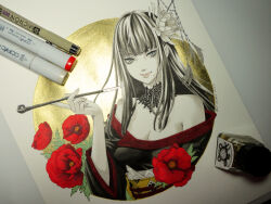  art_tools_in_frame bare_shoulders bellpepperart black_collar black_hair black_kimono blue_eyes breasts cleavage collar colored_skin cropped_torso epiphyllum female final_fantasy final_fantasy_xiv flower glitter hair_flower hair_ornament hair_stick hand_up holding holding_smoking_pipe hyur japanese_clothes kimono kiseru lace_collar leaf long_hair looking_at_viewer marker_(medium) mole mole_under_mouth obi obiage obijime off_shoulder photo_(medium) red_flower red_trim sash signature smile smoking_pipe solo traditional_media upper_body white_skin yotsuyu_goe_brutus 