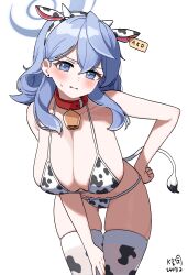  ako_(blue_archive) alternate_costume animal_collar animal_ear_hairband animal_ears animal_print artist_name ass_visible_through_thighs bell bikini blue_archive blue_eyes blue_hair blush breasts collar collarbone cow_ears cow_horns cow_print cow_print_bikini cow_print_thighhighs cow_tail dated ear_tag earrings fake_animal_ears fake_horns female hairband halo highres horns huge_breasts jewelry leaning_forward long_hair looking_at_viewer myeolchi neck_bell print_bikini print_thighhighs sagging_breasts signature simple_background solo string_bikini stud_earrings sweatdrop swimsuit tail thigh_gap thighhighs white_background 