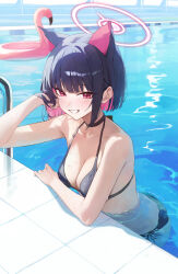  absurdres alternate_costume animal_ears bikini black_bikini black_choker black_hair blue_archive blush breasts cat_ears cat_girl choker cleavage colored_inner_animal_ears commentary_request extra_ears female halo highres inflatable_flamingo kazusa_(blue_archive) looking_at_viewer medium_breasts partially_submerged pink_eyes pink_hair pink_halo poolside short_hair smile solo swimsuit toi1et_paper 