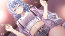  absurdres blue_hair blush braid breasts ceiling closed_mouth commission drop.b female fins grey_shorts hair_between_eyes hair_ornament head_fins highres indoors iris_lucen jacket large_breasts light_up long_hair looking_at_viewer midriff mimikaki navel pixiv_commission purple_eyes purple_jacket shirt short_shorts shorts signature smile solo very_long_hair virtual_youtuber white_shirt 