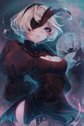  1boy 2b_(nier:automata) 9s_(nier:automata) aqua_background aqua_eyes aqua_outline arms_behind_back black_blindfold black_dress black_hairband blindfold breasts buckle cleavage cleavage_cutout closed_mouth clothing_cutout commentary cowboy_shot dress english_commentary facing_back female from_side frown grin hairband highres juliet_sleeves kamochiru long_sleeves looking_at_viewer mole mole_under_mouth nier:automata nier_(series) one_eye_covered outline pink_background puffy_sleeves ringed_eyes short_dress short_hair simple_background smile solo_focus torn_blindfold torn_clothes torn_dress turtleneck turtleneck_dress white_hair 