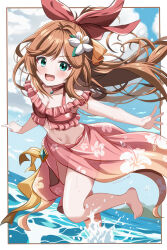  absurdres bikini bow clarisse_(granblue_fantasy) clarisse_(summer)_(granblue_fantasy) female floral_print flower frilled_bikini frills granblue_fantasy hair_flower hair_ornament hairbow halterneck highres off-shoulder_bikini off_shoulder official_alternate_costume orange_hair ponytail print_sarong red_bikini red_sarong sarong solo swimsuit yanapy 