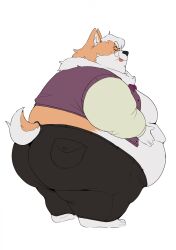  anthro ass belly big_belly bow_tie canid canine canis chubby_cheeks closed_eyes clothed clothing domestic_dog double_chin eyewear fur furgonomics glasses hand_on_belly herding_dog hi_res immoral_wacha male mammal moobs obese obese_anthro obese_male overweight overweight_anthro overweight_male pastoral_dog reuben_(naughtybutt) simple_background smile solo standing tail tail_clothing tan_body tan_fur thick_thighs tongue tongue_out welsh_corgi white_background white_body white_fur 