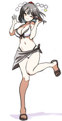  ;) amisu bikini black_hair breasts brown_eyes closed_mouth collarbone commentary_request female full_body hat highres holding holding_microphone large_breasts looking_at_viewer microphone navel one_eye_closed pom_pom_(clothes) red_hat sarong shameimaru_aya short_hair simple_background smile solo standing standing_on_one_leg star_(symbol) swimsuit tokin_hat touhou white_background white_bikini 