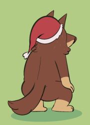  2023 anthro ass australian_kelpie beargarbage bluey_(series) brown_nose canid canine canis christmas christmas_clothing christmas_headwear clothing crouching digital_media_(artwork) domestic_dog fur green_background hand_on_leg hand_on_own_leg hat headgear headwear herding_dog holidays male mammal multicolored_body multicolored_fur orange_body orange_fur pastoral_dog rear_view red_body red_clothing red_ears red_fur red_hat red_headwear red_tail rusty&#039;s_dad_(bluey) santa_hat sheepdog simple_background solo tail two_tone_body two_tone_fur two_tone_hat white_clothing white_hat white_headwear 