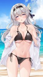  ass_visible_through_thighs beach bikini black_bikini black_hairband blue_pupils blurry blurry_background blush breasts cloud collarbone cowboy_shot day female firefly_(honkai:_star_rail) grey_hair hair_between_eyes hairband highres honkai:_star_rail honkai_(series) horizon large_breasts long_hair looking_at_viewer matrix16 navel ocean off_shoulder open_mouth purple_eyes red_eyes shirt side-tie_bikini_bottom solo stomach swimsuit two-tone_eyes white_shirt 