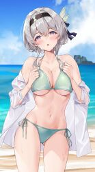  alternate_hairstyle ass_visible_through_thighs beach bikini black_bikini black_hairband blue_pupils blurry blurry_background blush breasts cloud collarbone cowboy_shot day female firefly_(honkai:_star_rail) green_bikini grey_hair hair_between_eyes hairband highres honkai:_star_rail honkai_(series) horizon large_breasts looking_at_viewer matrix16 navel ocean off_shoulder open_mouth purple_eyes red_eyes shirt side-tie_bikini_bottom solo stomach swimsuit two-tone_eyes updo wet white_shirt 