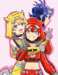  3girls absurdres belt blue_belt blue_eyes blue_hair blush bumblebee_(kotobukiya_bishoujo)_(transformers) bumblebee_(transformers) cliffjumper cliffjumper_(kotobukiya_bishoujo) double_bun eyewear_on_head glasses hair_behind_ear hair_bun highres hood hood_up hoodie horns hug komagoma kotobukiya_bishoujo looking_at_viewer midriff multiple_girls navel optimus_prime optimus_prime_(kotobukiya_bishoujo) polka_dot polka_dot_background red_hoodie red_shorts shorts sleeveless sleeveless_hoodie smile transformers v v-shaped_eyebrows yellow_hoodie yellow_shorts 