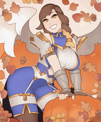  absurdres acorn armor autumn_leaves breasts brown_hair detached_sleeves falling_leaves female furia_(paladins) grin highres large_breasts leaf long_hair looking_at_viewer paladins pumpkin shoulder_armor smile solo splashbrush wings yellow_eyes 