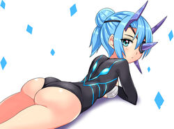  ass blue_eyes blue_hair blush cougar_(cougar1404) eyepatch female hair_bun horns ice_horns leotard long_sleeves looking_at_viewer lying on_stomach short_hair simple_background single_hair_bun solo theory_(xenoblade) thick_thighs thighs xenoblade_chronicles_(series) xenoblade_chronicles_2 