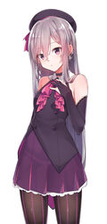  bangs bare_shoulders beret black_gloves black_legwear blush breasts buttons choker elbow_gloves eyebrows_visible_through_hair female frills gloves grey_hair hair_between_eyes hand_on_own_chest hat highres konnyaku_(kk-monmon) long_hair original pantyhose partly_fingerless_gloves pink_neckwear purple_eyes purple_skirt ribbon simple_background skirt small_breasts solo striped striped_legwear vertical-striped_legwear vertical_stripes white_background 